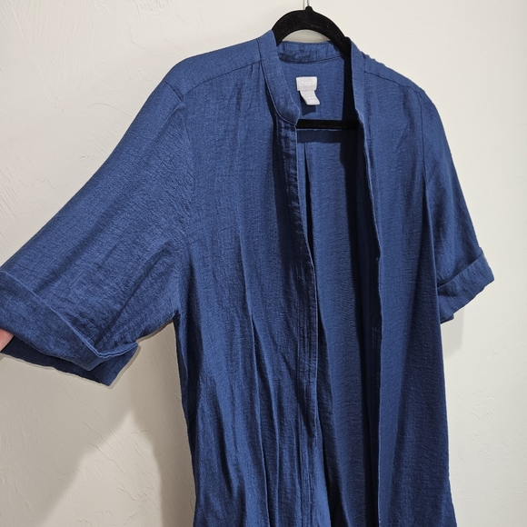 Chico's Size 2 | Large Button Front Shirt Dress Blue Rayon Linen Blend - Picture 5 of 13